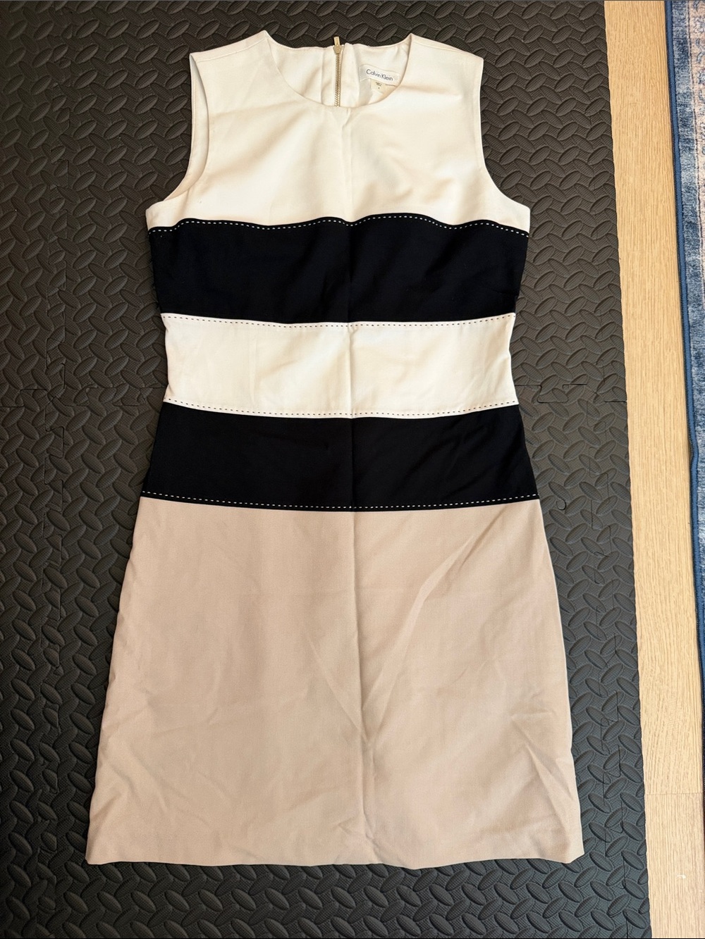 Calvin Klein Sleeveless Colorblock Midi Dress in Black, White & Tan